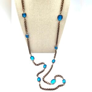 CHICOS Vintage Long Necklace Gold Tone  Blue Gemstones
